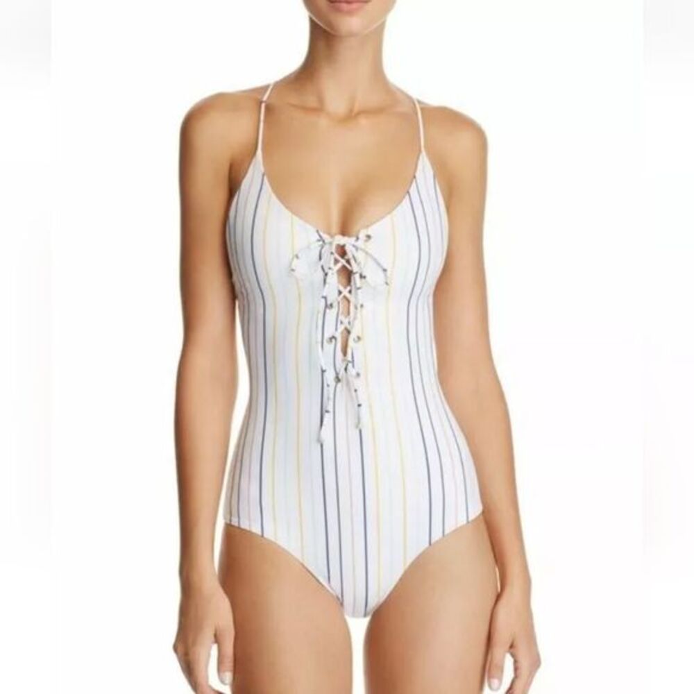 Anthro Tavik NWT Women's Monahan Horizon‎ Stripe Tie Up One Piece Swimsuit Small
